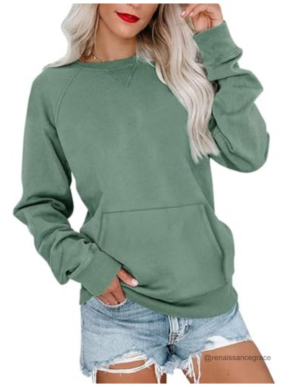 Lightweight Crewneck Sweatshirt Kangaroo Pocket Pullover Long Sleeve